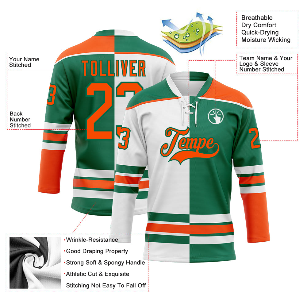 Custom Kelly Green Orange-White Split Fashion Hockey Lace Neck Jersey