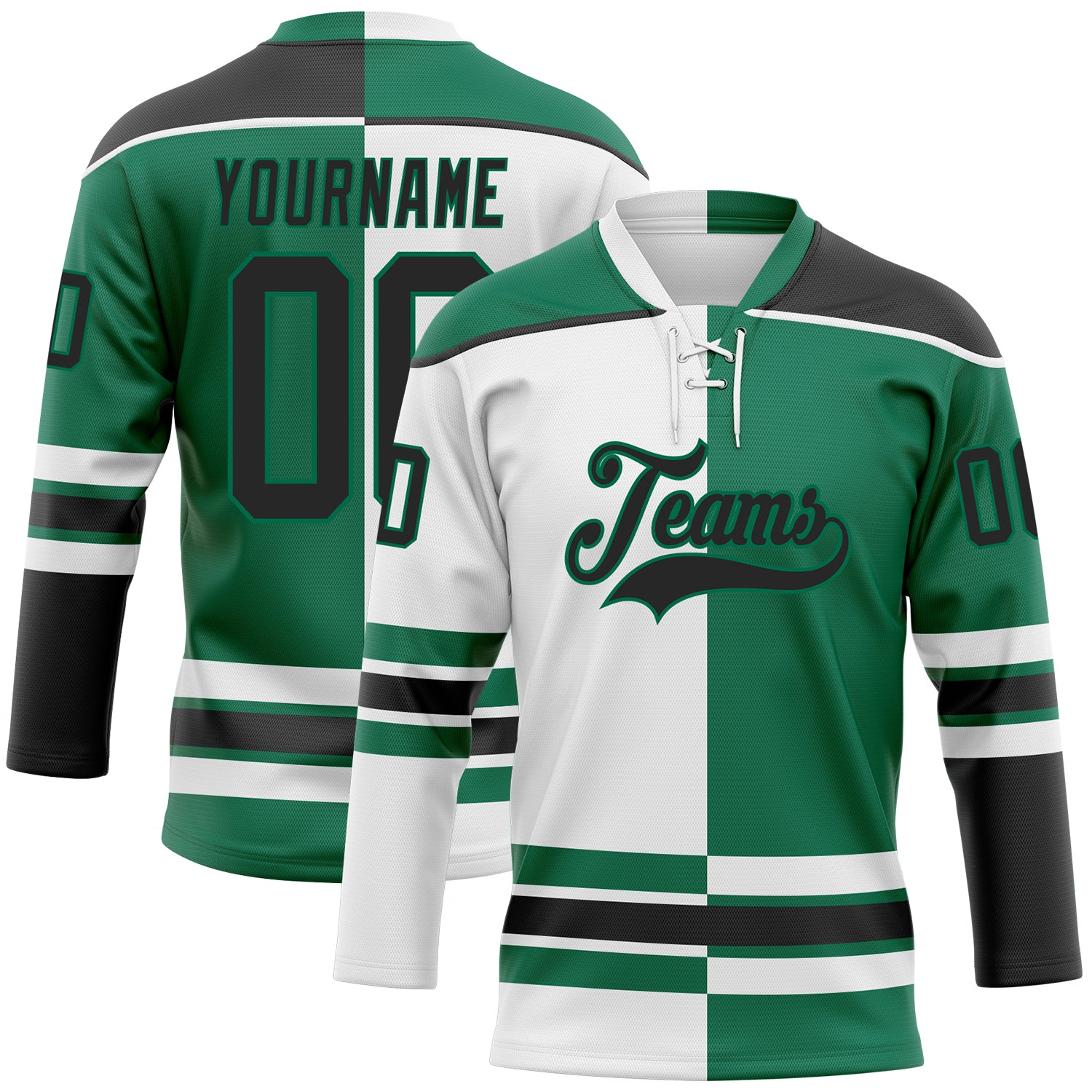 Custom Kelly Green Black-White Split Fashion Hockey Lace Neck Jersey