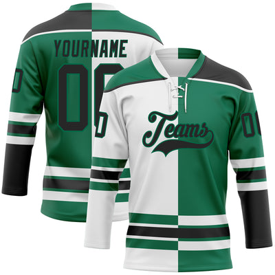 Custom Kelly Green Black-White Split Fashion Hockey Lace Neck Jersey