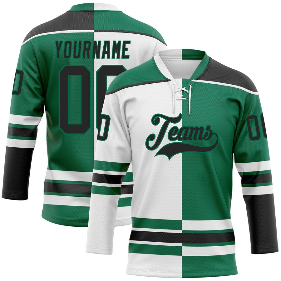 Custom Kelly Green Black-White Split Fashion Hockey Lace Neck Jersey