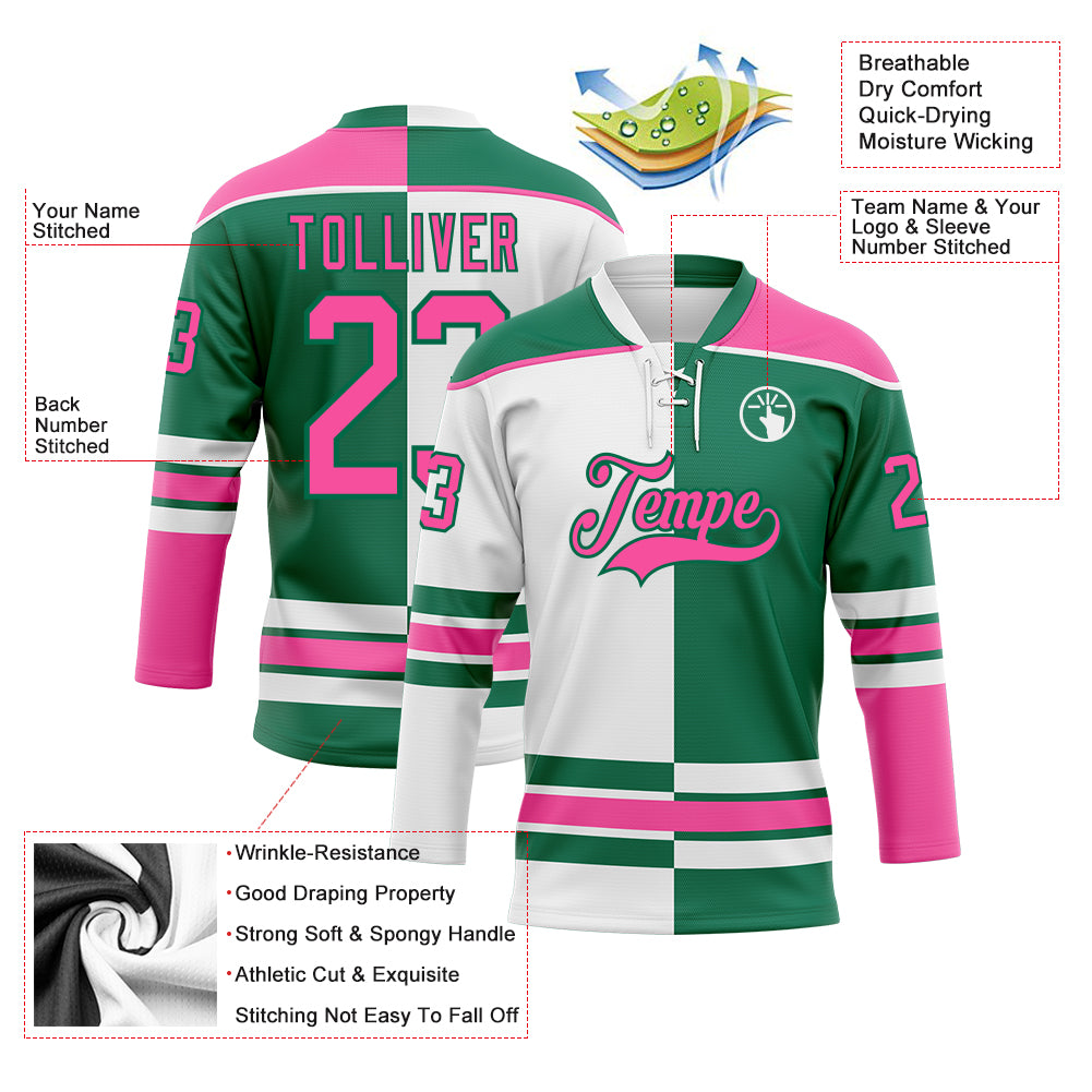 Custom Kelly Green Pink-White Split Fashion Hockey Lace Neck Jersey