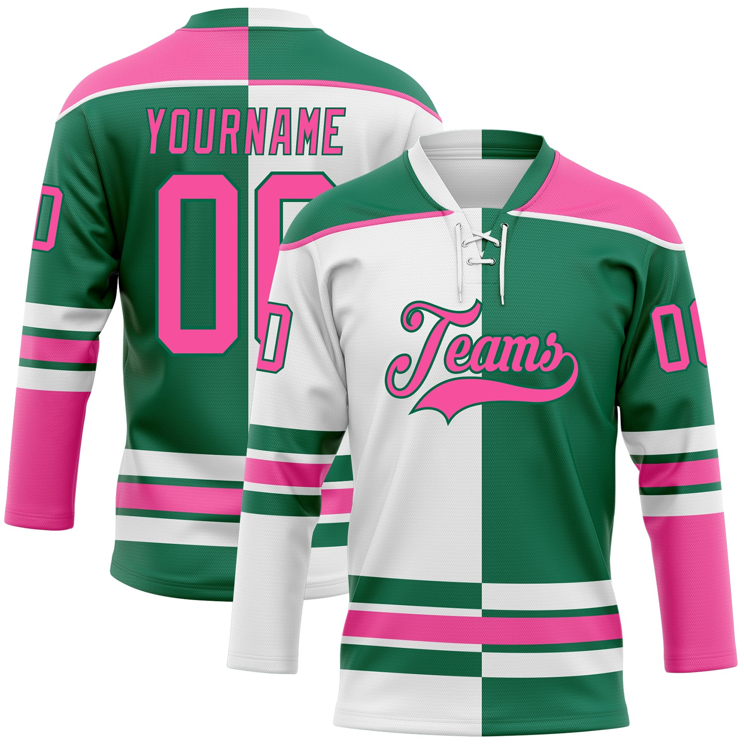 Custom Kelly Green Pink-White Split Fashion Hockey Lace Neck Jersey