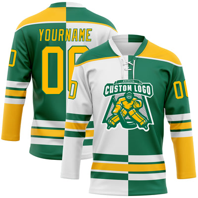 Custom Kelly Green Gold-White Split Fashion Hockey Lace Neck Jersey