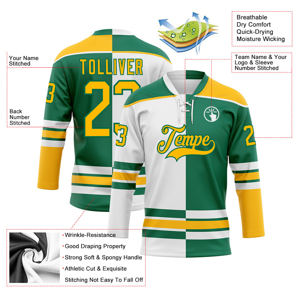 Custom Kelly Green Gold-White Split Fashion Hockey Lace Neck Jersey