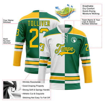 Custom Kelly Green Gold-White Split Fashion Hockey Lace Neck Jersey