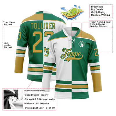 Custom Kelly Green Old Gold-White Split Fashion Hockey Lace Neck Jersey
