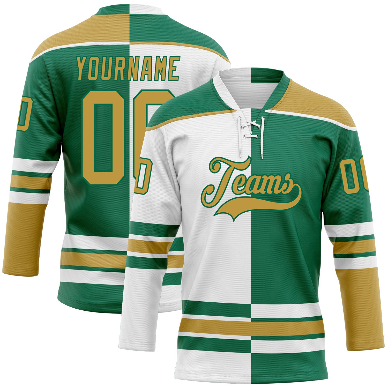 Custom Kelly Green Old Gold-White Split Fashion Hockey Lace Neck Jersey