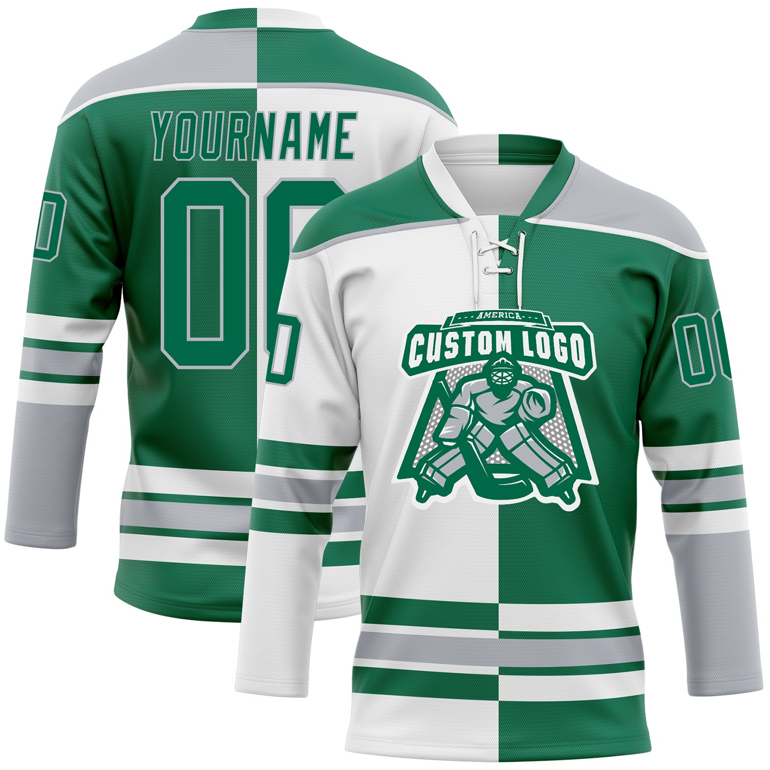 Custom Kelly Green Gray-White Split Fashion Hockey Lace Neck Jersey