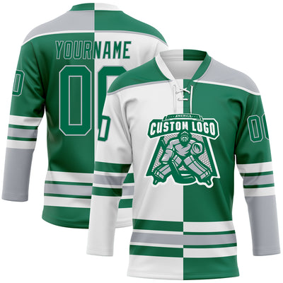 Custom Kelly Green Gray-White Split Fashion Hockey Lace Neck Jersey