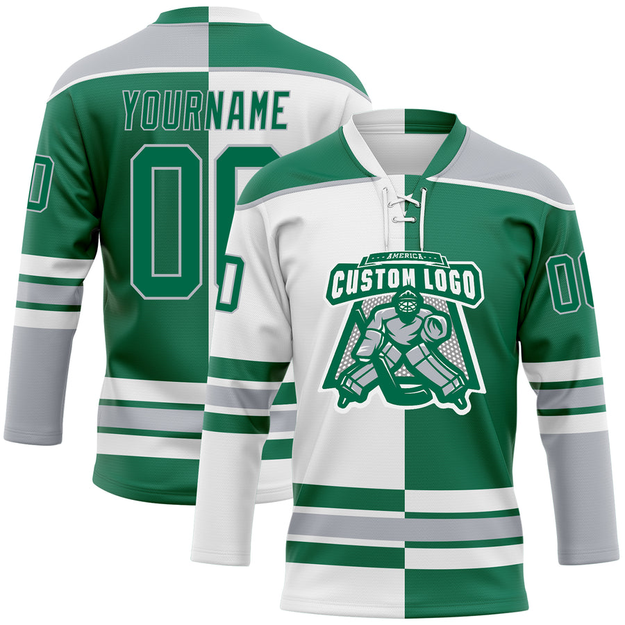 Custom Kelly Green Gray-White Split Fashion Hockey Lace Neck Jersey