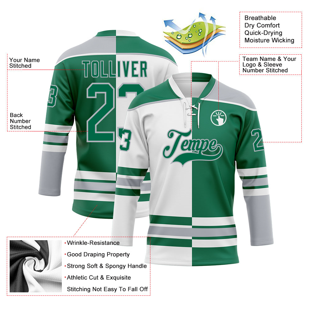 Custom Kelly Green Gray-White Split Fashion Hockey Lace Neck Jersey