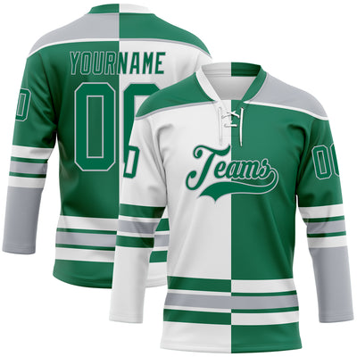 Custom Kelly Green Gray-White Split Fashion Hockey Lace Neck Jersey