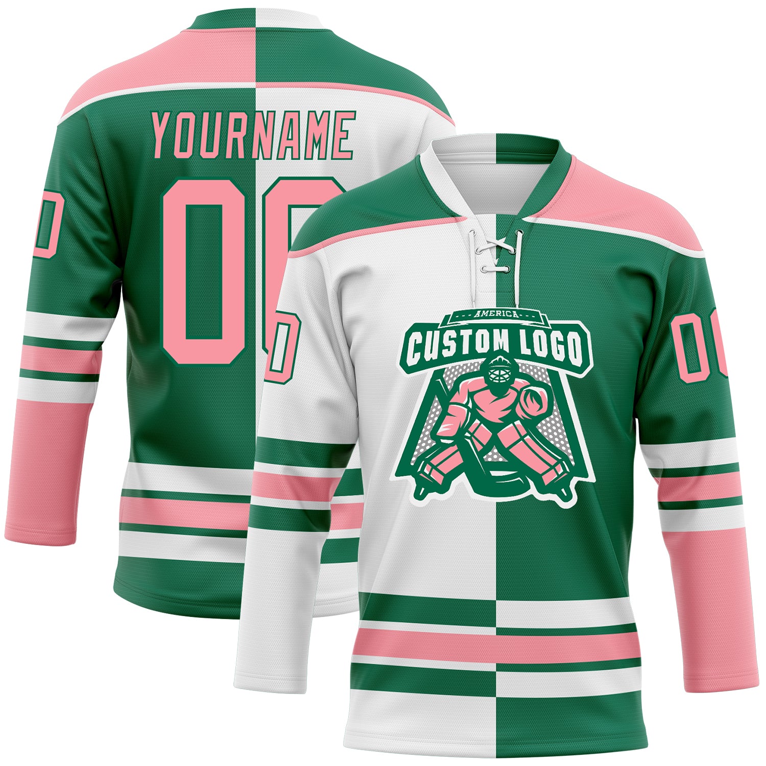 Custom Kelly Green Medium Pink-White Split Fashion Hockey Lace Neck Jersey