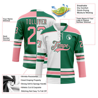 Custom Kelly Green Medium Pink-White Split Fashion Hockey Lace Neck Jersey