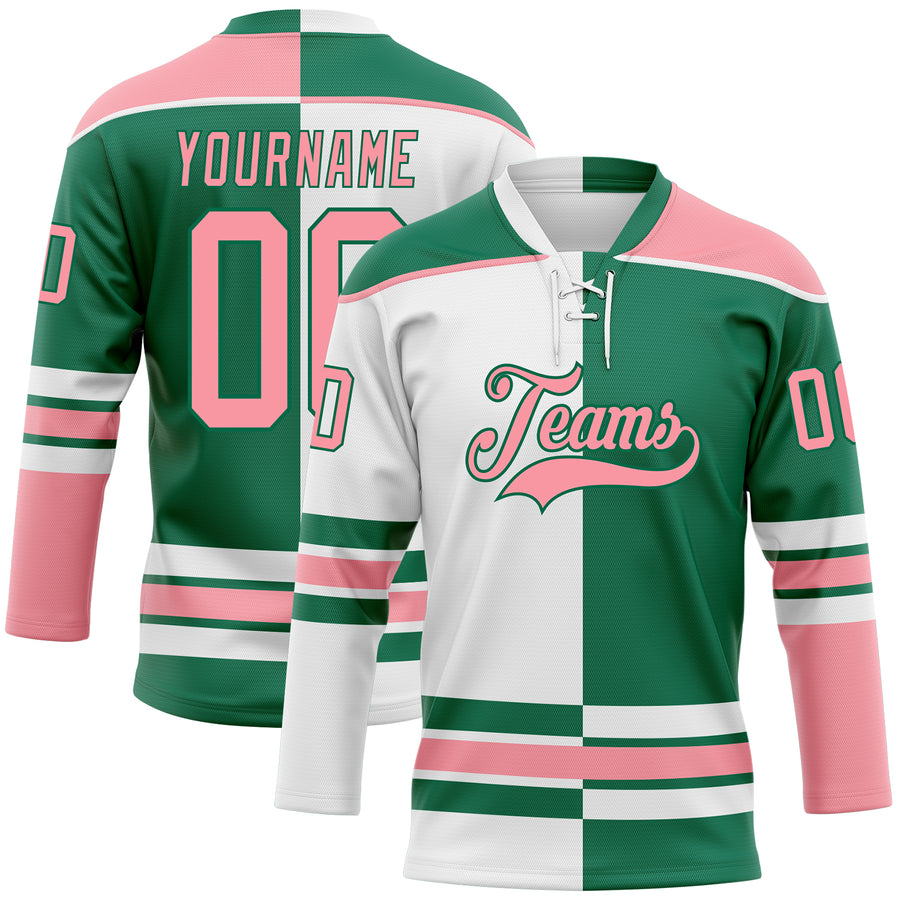 Custom Kelly Green Medium Pink-White Split Fashion Hockey Lace Neck Jersey
