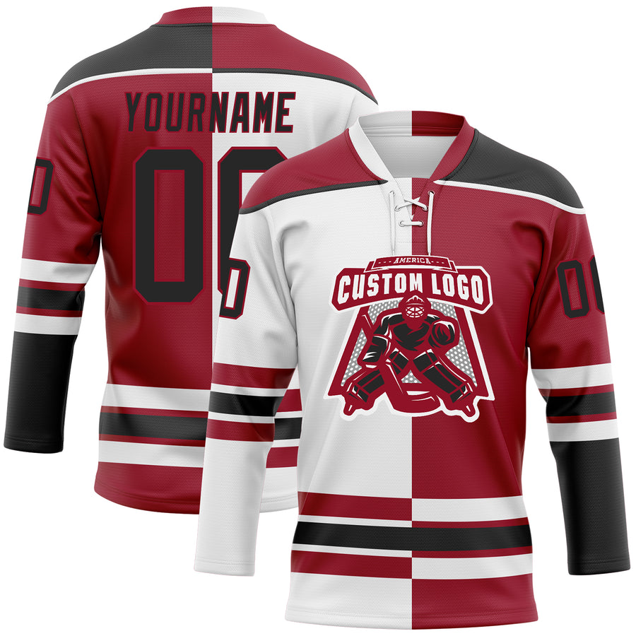Custom Maroon Black-White Split Fashion Hockey Lace Neck Jersey