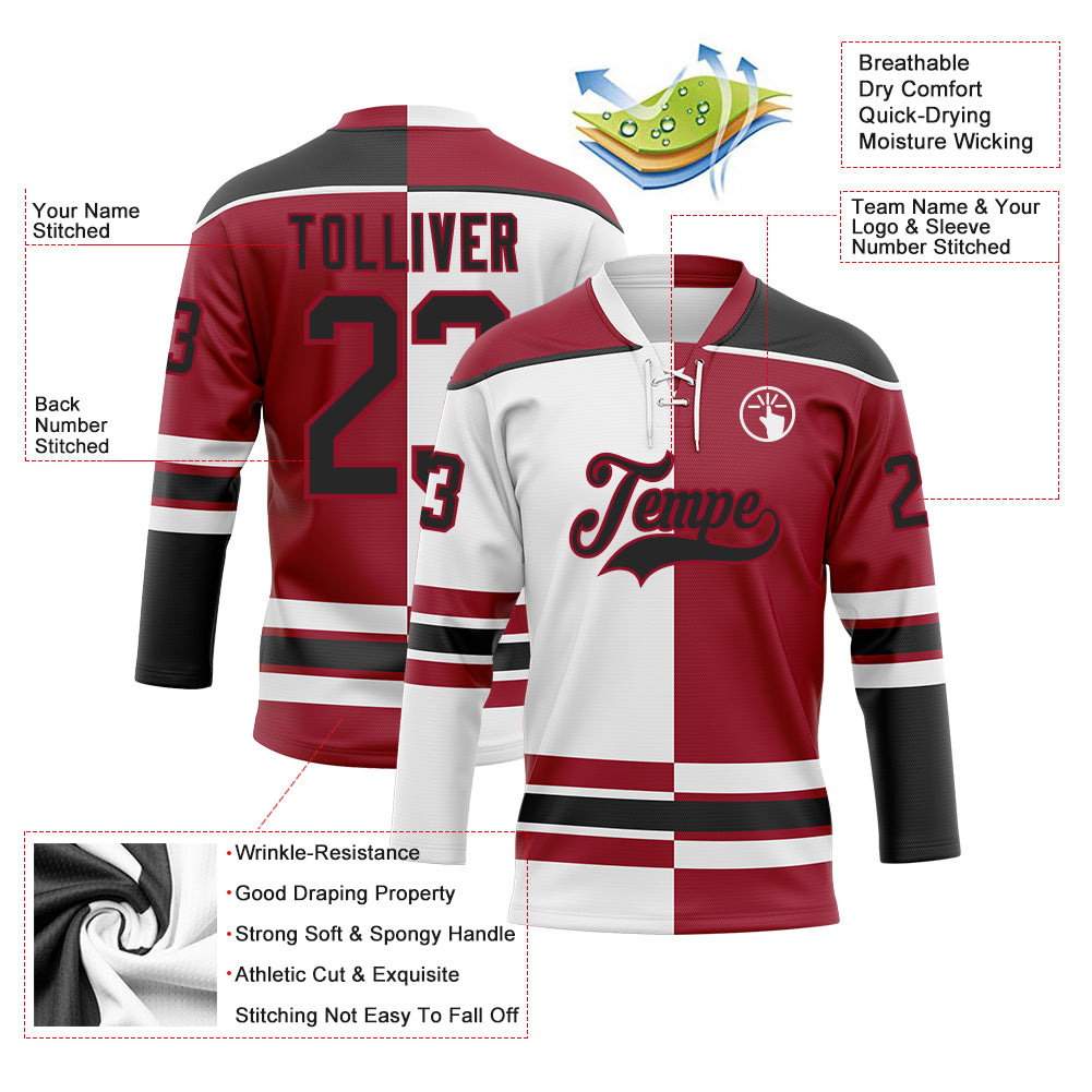 Custom Maroon Black-White Split Fashion Hockey Lace Neck Jersey