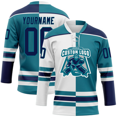 Custom Teal Navy-White Split Fashion Hockey Lace Neck Jersey