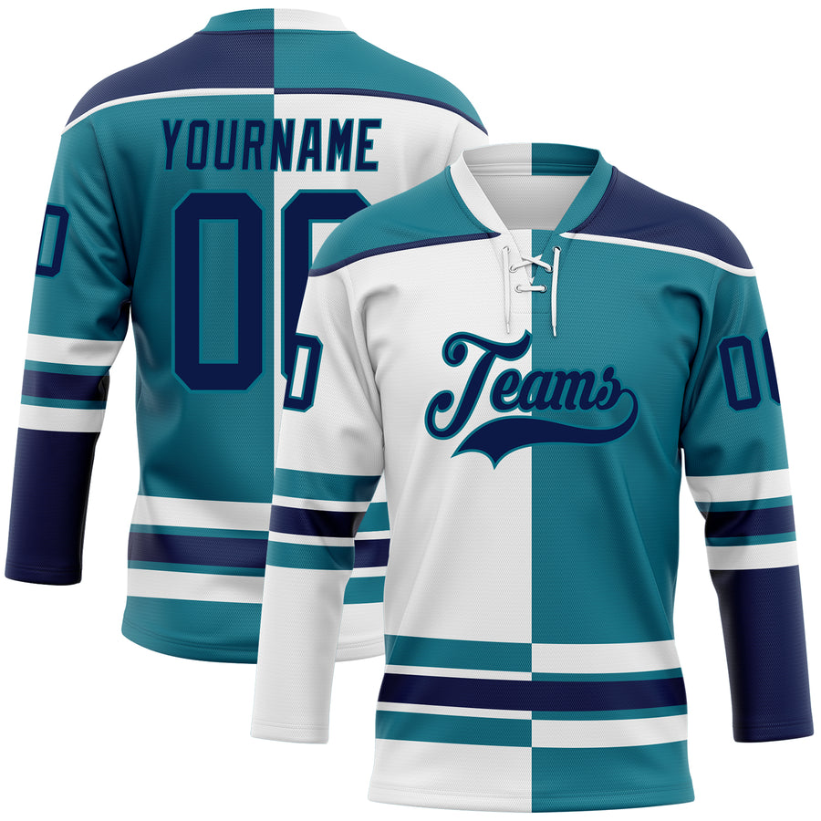 Custom Teal Navy-White Split Fashion Hockey Lace Neck Jersey