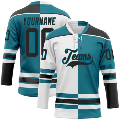 Custom Teal Black-White Split Fashion Hockey Lace Neck Jersey