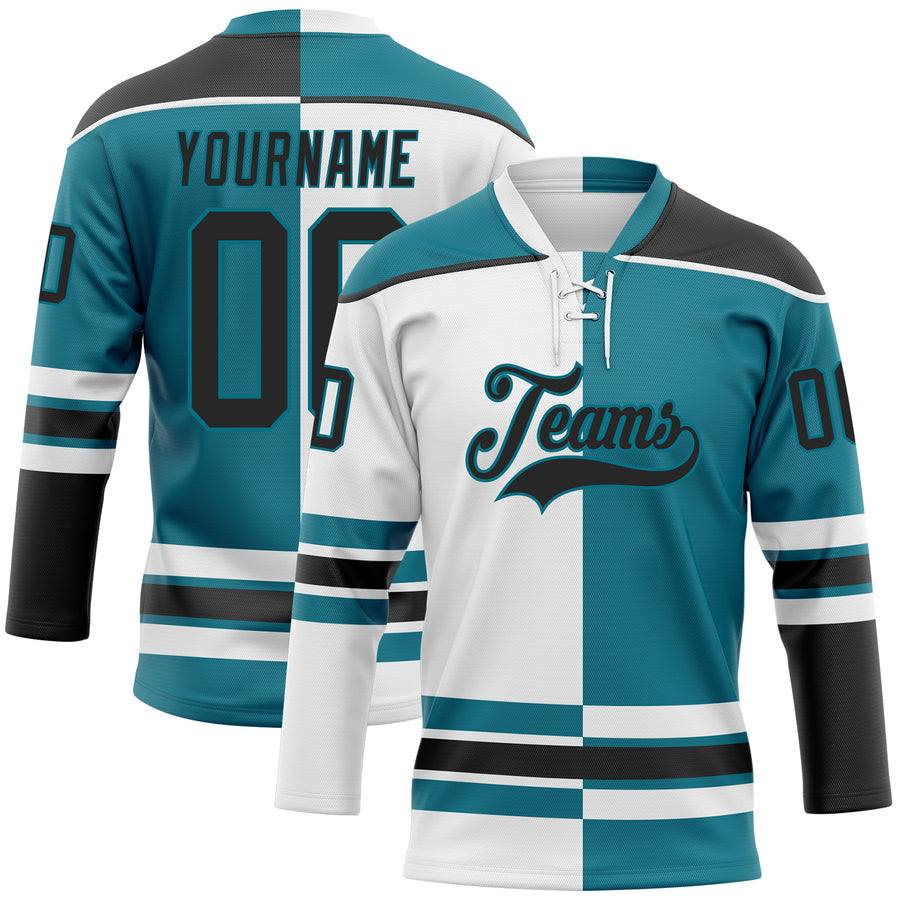 Custom Teal Black-White Split Fashion Hockey Lace Neck Jersey