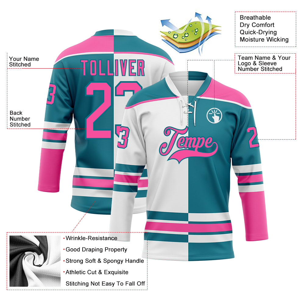 Custom Teal Pink-White Split Fashion Hockey Lace Neck Jersey