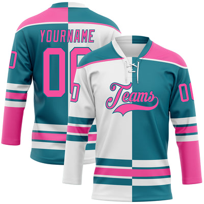 Custom Teal Pink-White Split Fashion Hockey Lace Neck Jersey
