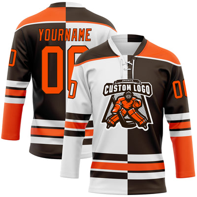 Custom Brown Orange-White Split Fashion Hockey Lace Neck Jersey