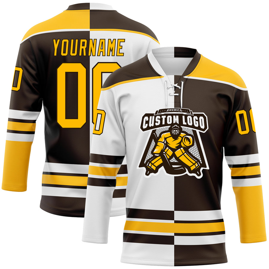 Custom Brown Gold-White Split Fashion Hockey Lace Neck Jersey