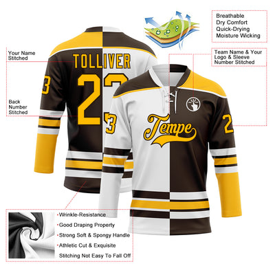 Custom Brown Gold-White Split Fashion Hockey Lace Neck Jersey