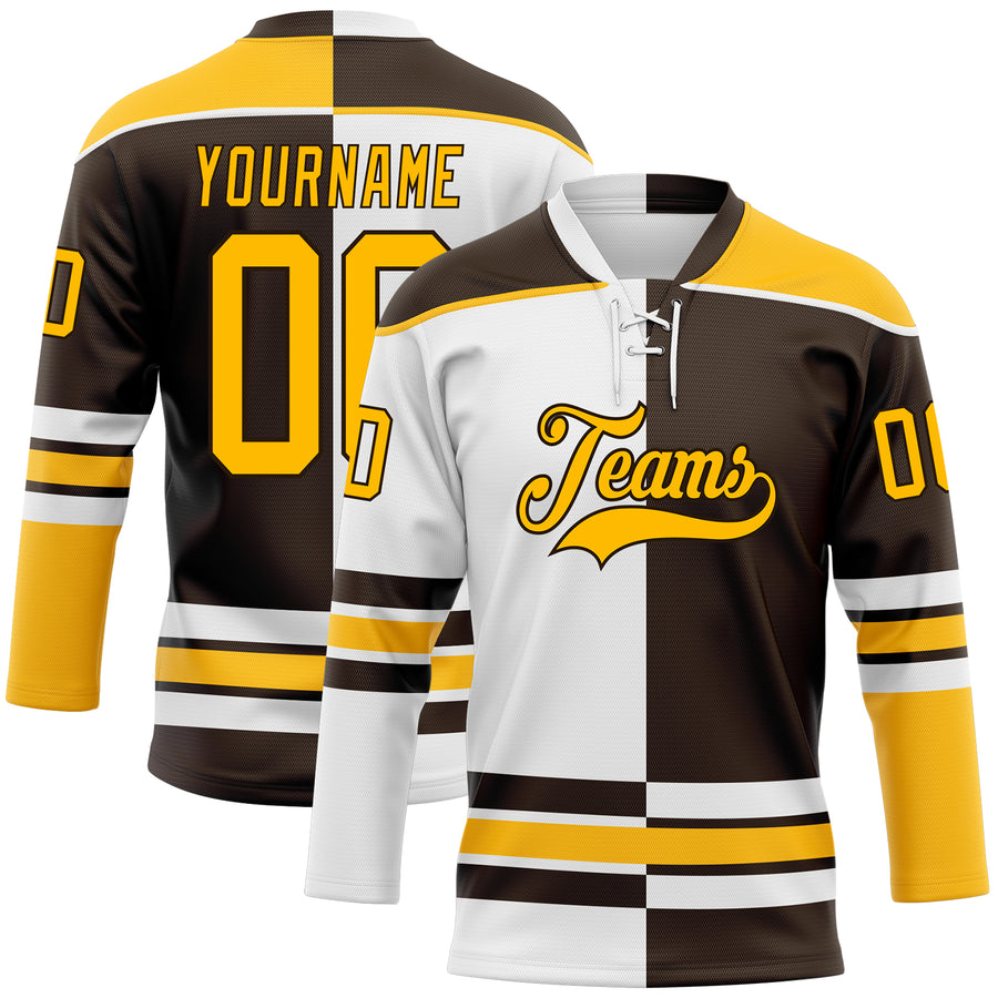 Custom Brown Gold-White Split Fashion Hockey Lace Neck Jersey