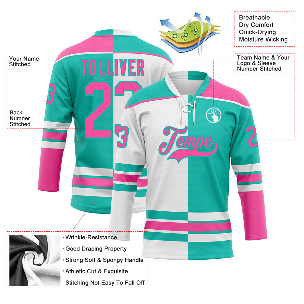 Custom Aqua Pink-White Split Fashion Hockey Lace Neck Jersey