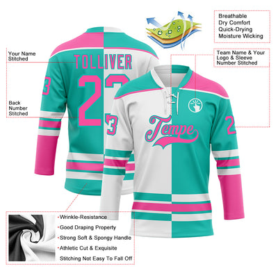 Custom Aqua Pink-White Split Fashion Hockey Lace Neck Jersey