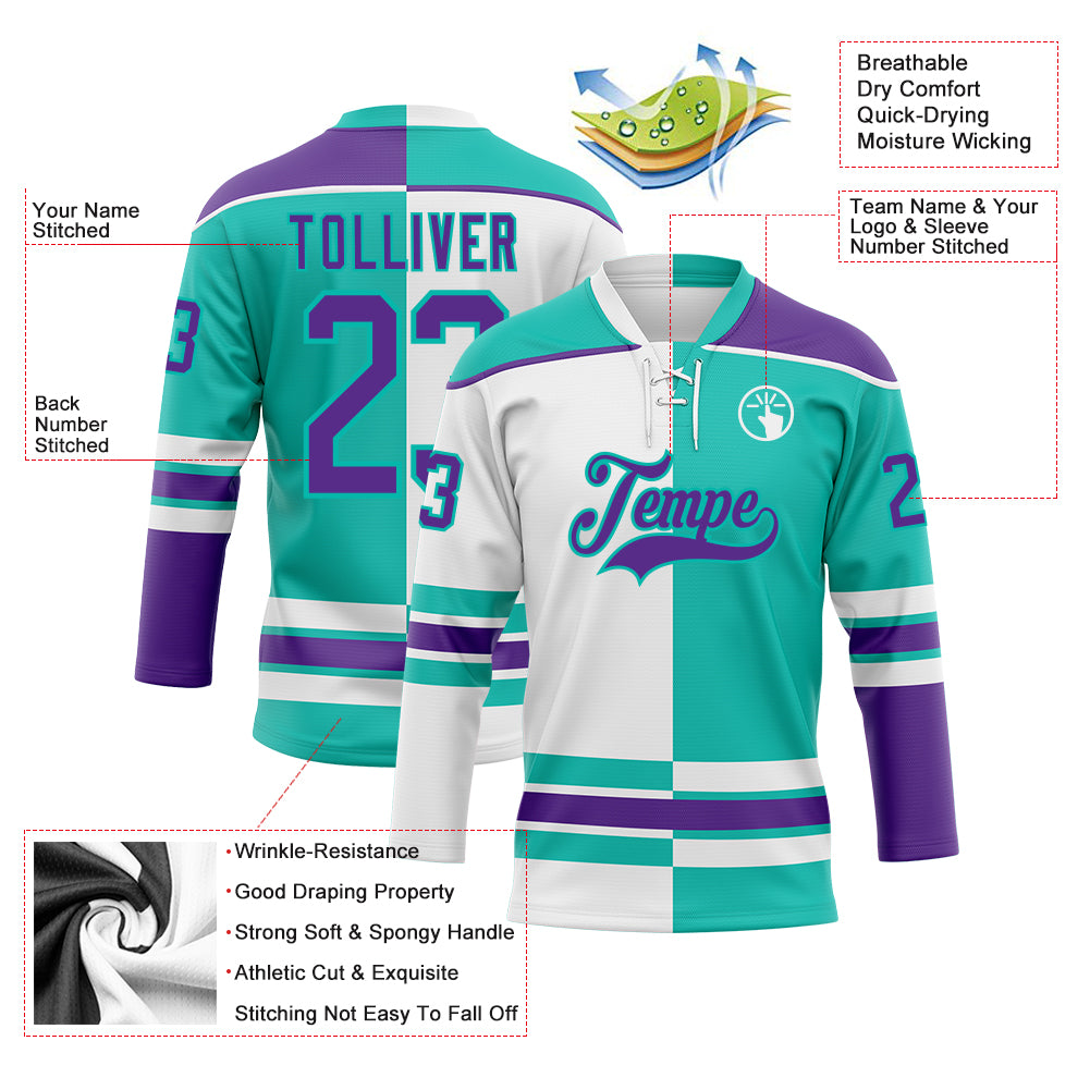 Custom Aqua Purple-White Split Fashion Hockey Lace Neck Jersey