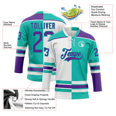 Custom Aqua Purple-White Split Fashion Hockey Lace Neck Jersey