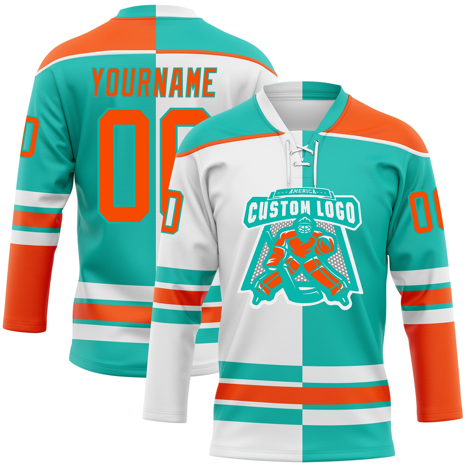 Custom Aqua Orange-White Split Fashion Hockey Lace Neck Jersey