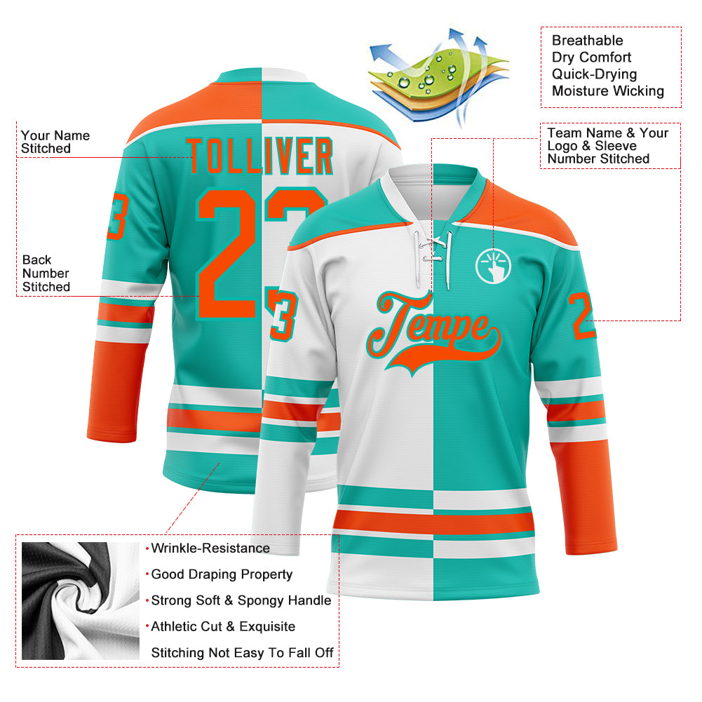 Custom Aqua Orange-White Split Fashion Hockey Lace Neck Jersey