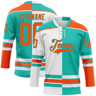 Custom Aqua Orange-White Split Fashion Hockey Lace Neck Jersey