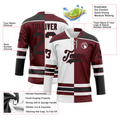 Custom Burgundy Black-White Split Fashion Hockey Lace Neck Jersey