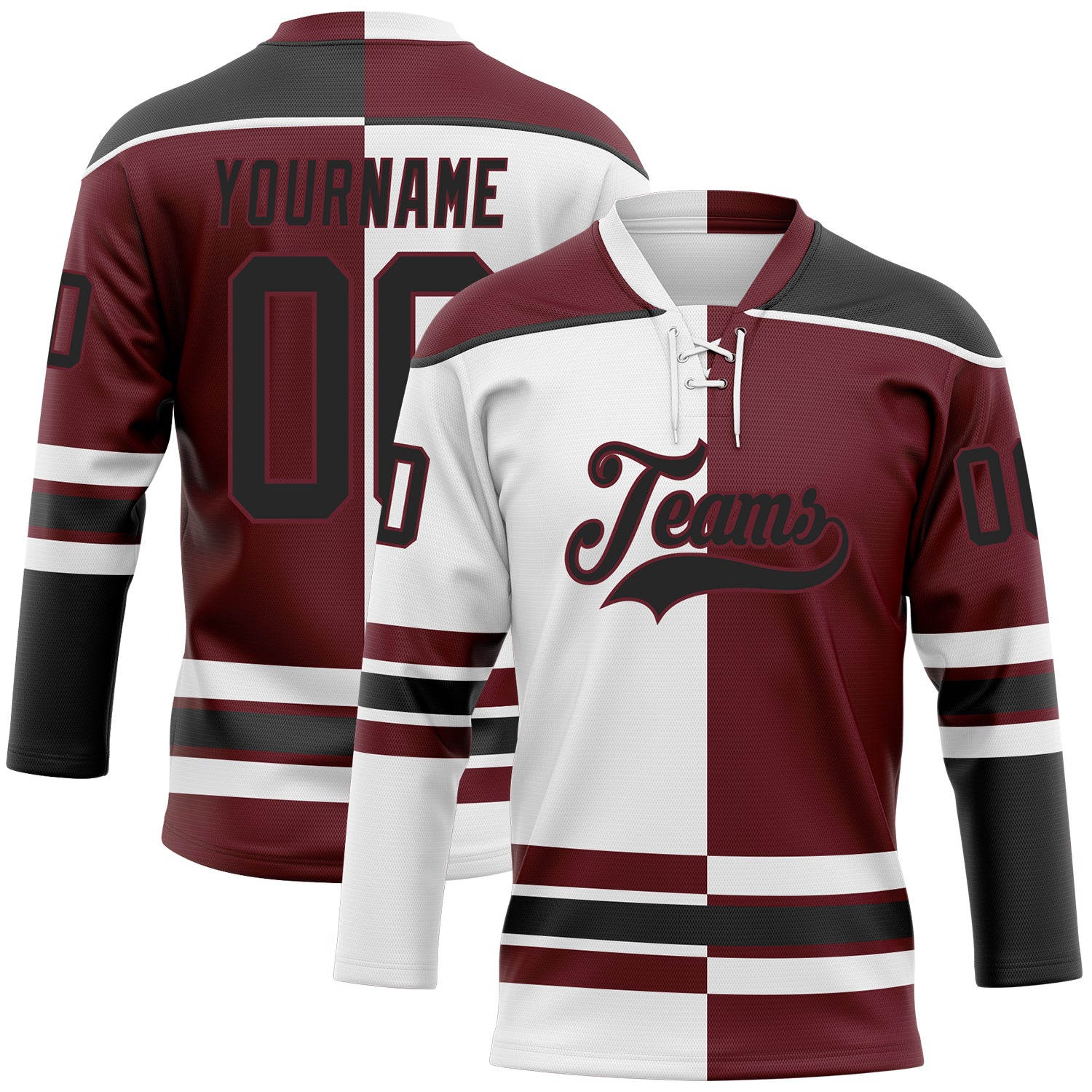 Custom Burgundy Black-White Split Fashion Hockey Lace Neck Jersey