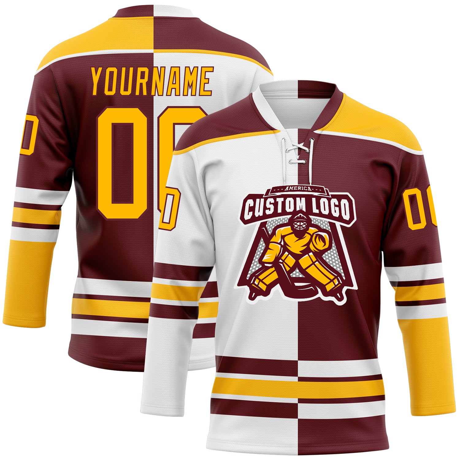 Custom Burgundy Gold-White Split Fashion Hockey Lace Neck Jersey