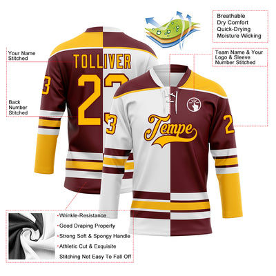 Custom Burgundy Gold-White Split Fashion Hockey Lace Neck Jersey