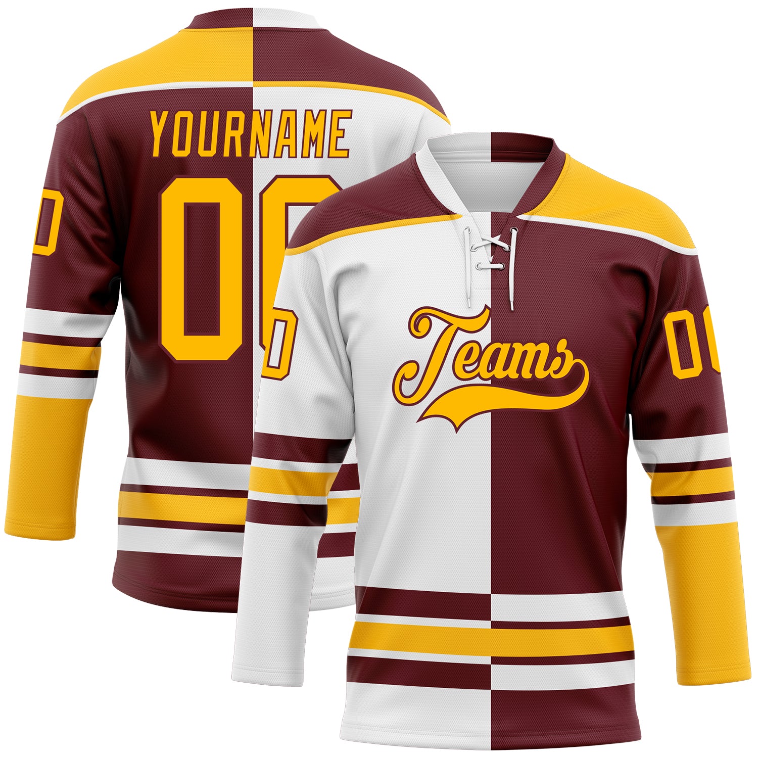 Custom Burgundy Gold-White Split Fashion Hockey Lace Neck Jersey