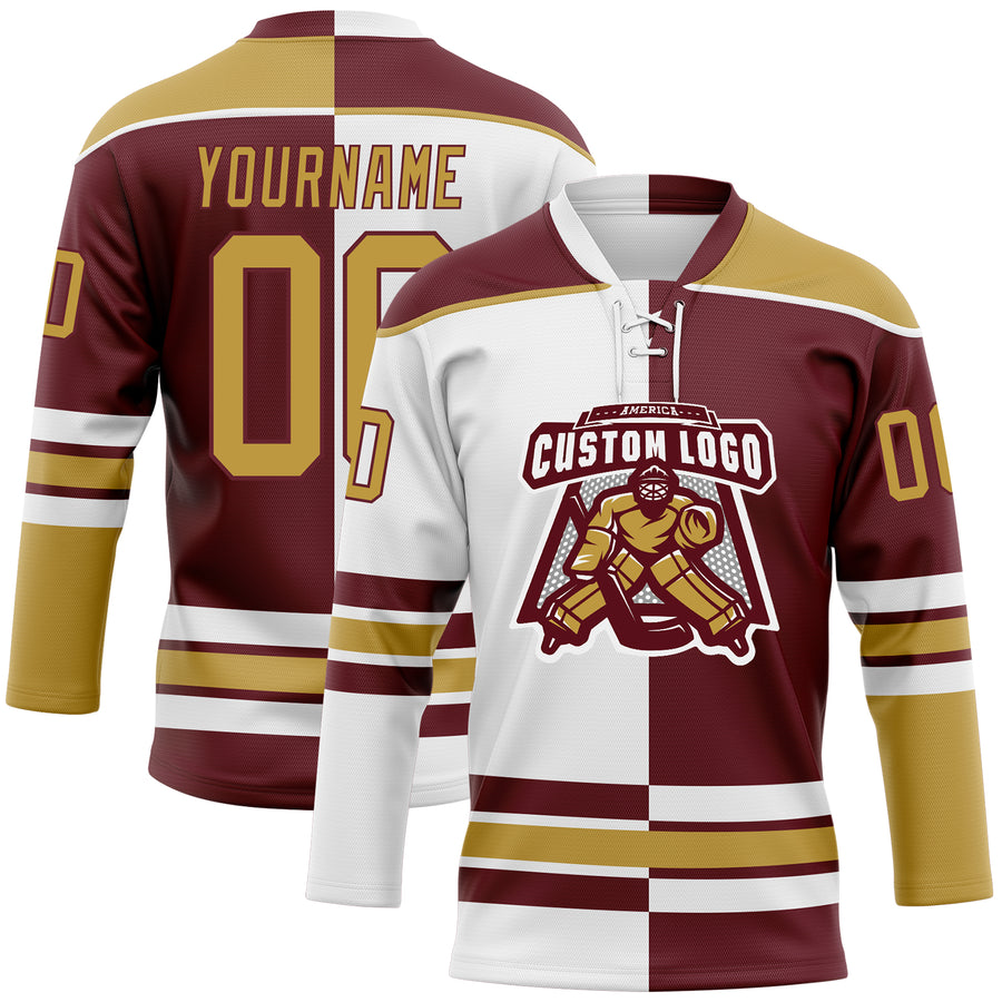 Custom Burgundy Old Gold-White Split Fashion Hockey Lace Neck Jersey