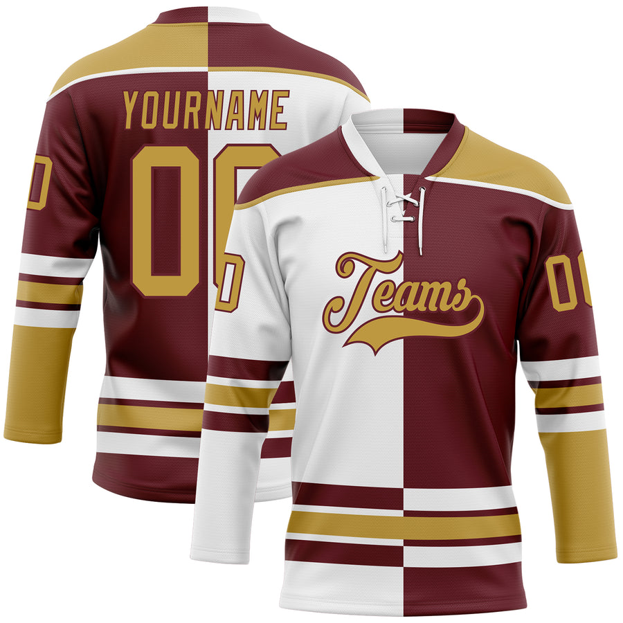Custom Burgundy Old Gold-White Split Fashion Hockey Lace Neck Jersey