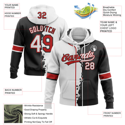 Custom Black Red-White Split Ripped Pattern Baseball Pullover Sweatshirt Hoodie