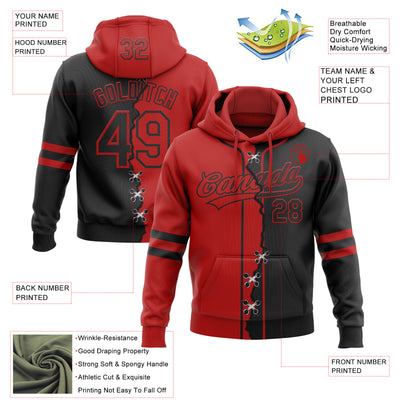Custom Black Red Split Ripped Pattern Baseball Pullover Sweatshirt Hoodie