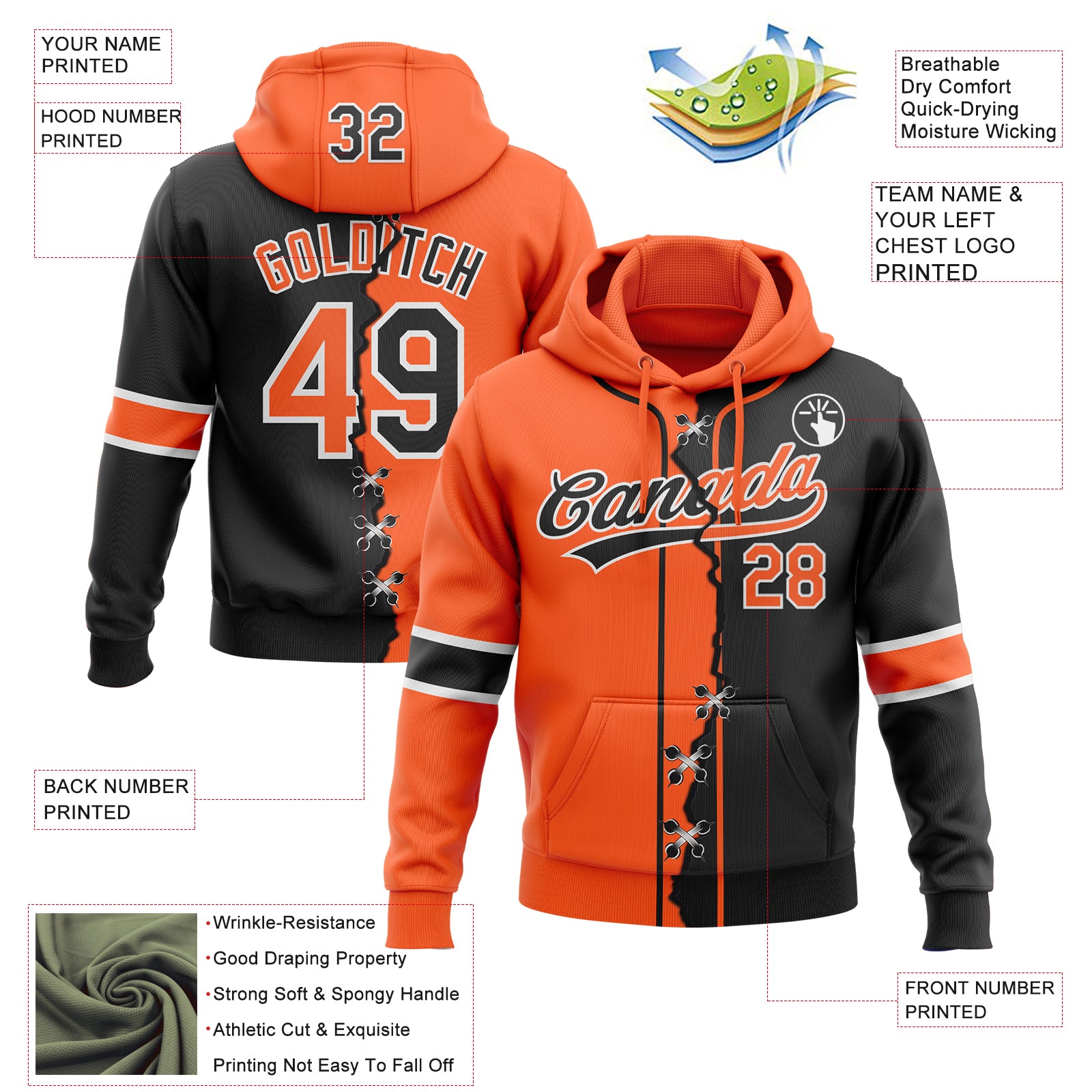 Custom Black Orange-White Split Ripped Pattern Baseball Pullover Sweatshirt Hoodie