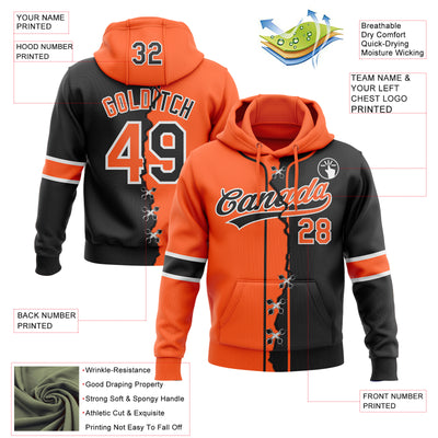 Custom Black Orange-White Split Ripped Pattern Baseball Pullover Sweatshirt Hoodie