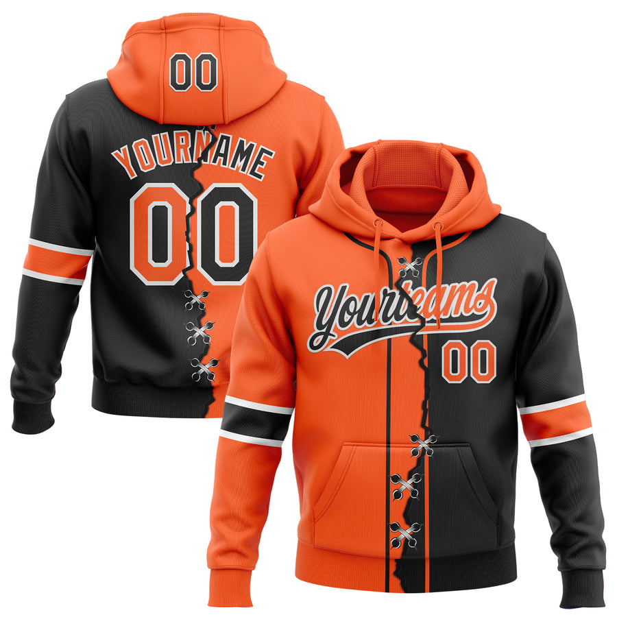 Custom Black Orange-White Split Ripped Pattern Baseball Pullover Sweatshirt Hoodie